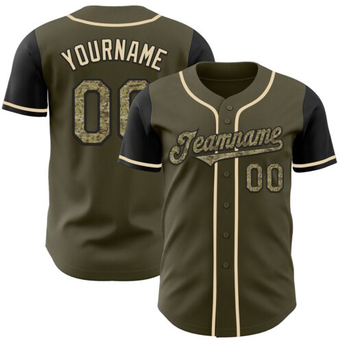 TwoTone0182 Custom Olive Camo Black-Cream Authentic Salute To Service Two Tone Baseball Jersey