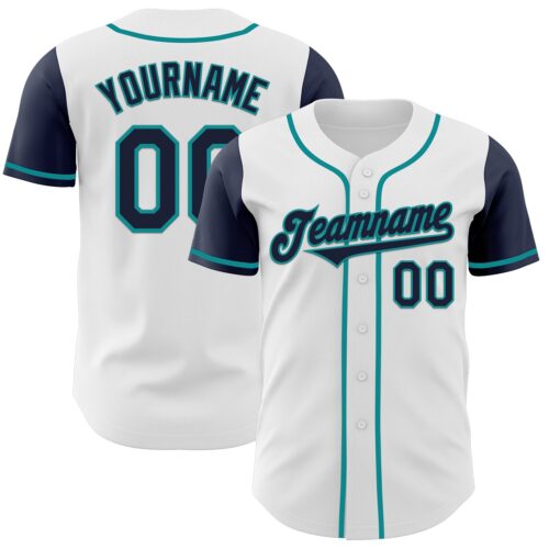 TwoTone0379 Custom White Navy-Teal Authentic Two Tone Baseball Jersey