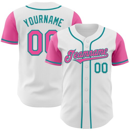 TwoTone0387 Custom White Pink-Teal Authentic Two Tone Baseball Jersey