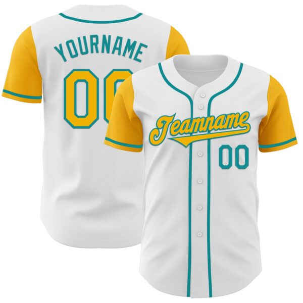 Custom White Gold-Teal Authentic Two Tone Baseball Jersey