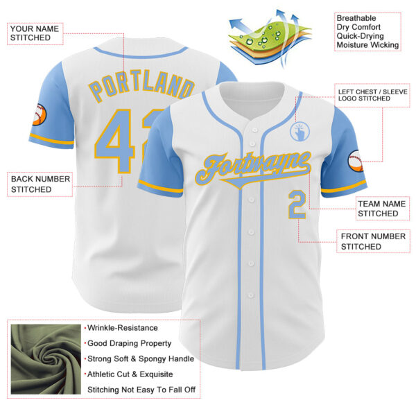Custom White Light Blue-Gold Authentic Two Tone Baseball Jersey