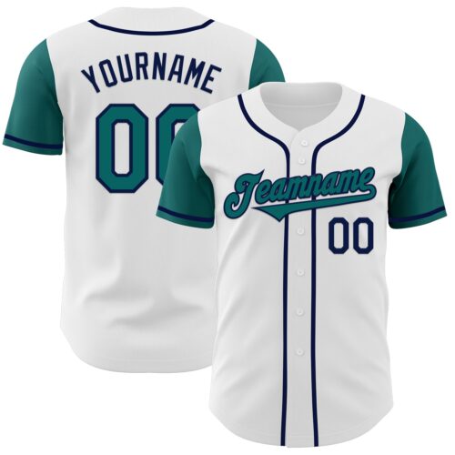 TwoTone0449 Custom White Teal-Navy Authentic Two Tone Baseball Jersey