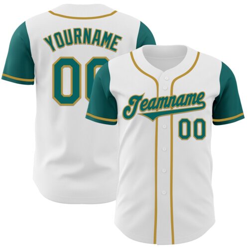 TwoTone0453 Custom White Teal-Old Gold Authentic Two Tone Baseball Jersey