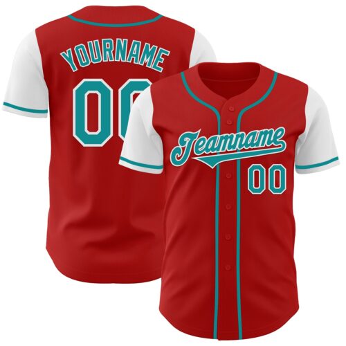 TwoTone0485 Custom Red Teal-White Authentic Two Tone Baseball Jersey