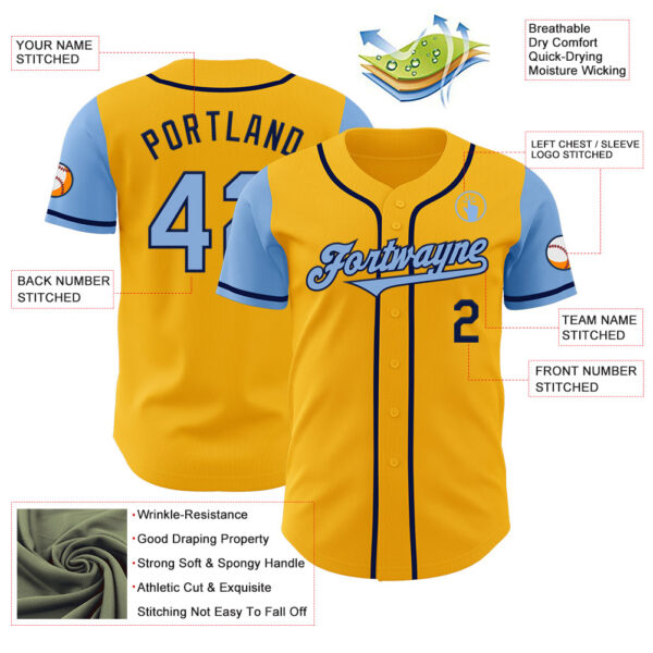 Custom Gold Light Blue-Navy Authentic Two Tone Baseball Jersey
