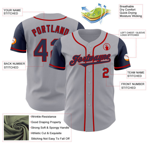 Custom Gray Navy-Red Authentic Two Tone Baseball Jersey