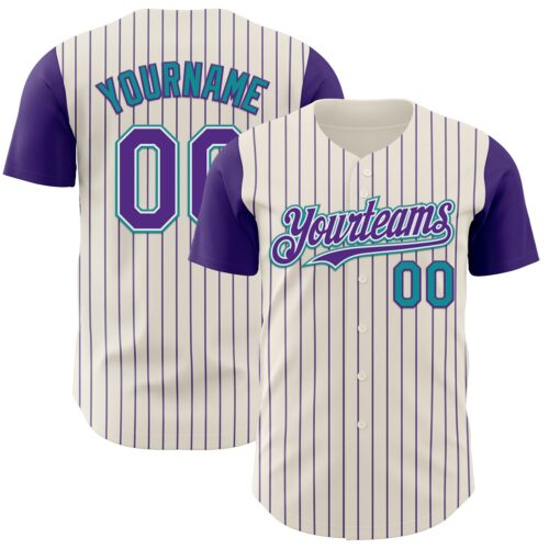 TwoTone1055 Custom Cream Purple Pinstripe White-Teal Authentic Two Tone Baseball Jersey