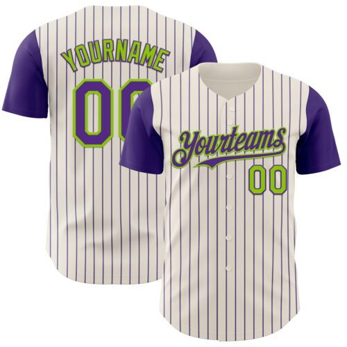 TwoTone1063 Custom Cream Purple Pinstripe Neon Green Authentic Two Tone Baseball Jersey