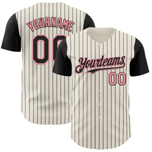 TwoTone1082 Custom Cream Black Pinstripe Medium Pink Authentic Two Tone Baseball Jersey