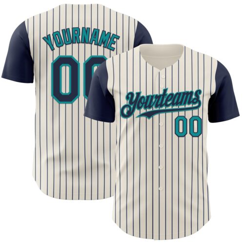 TwoTone1092 Custom Cream Navy Pinstripe Teal Authentic Two Tone Baseball Jersey