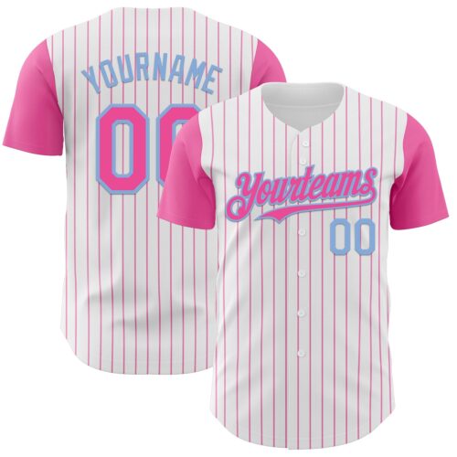 TwoTone1131 Custom White Pink Pinstripe Light Blue Authentic Two Tone Baseball Jersey