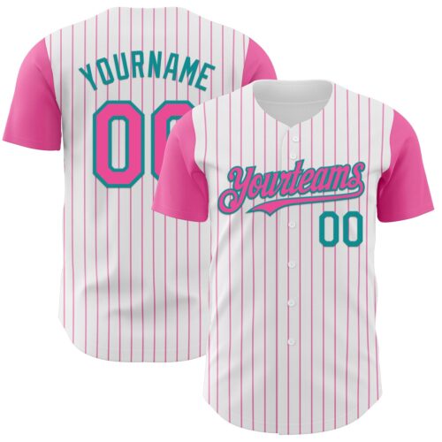 TwoTone1132 Custom White Pink Pinstripe Teal Authentic Two Tone Baseball Jersey