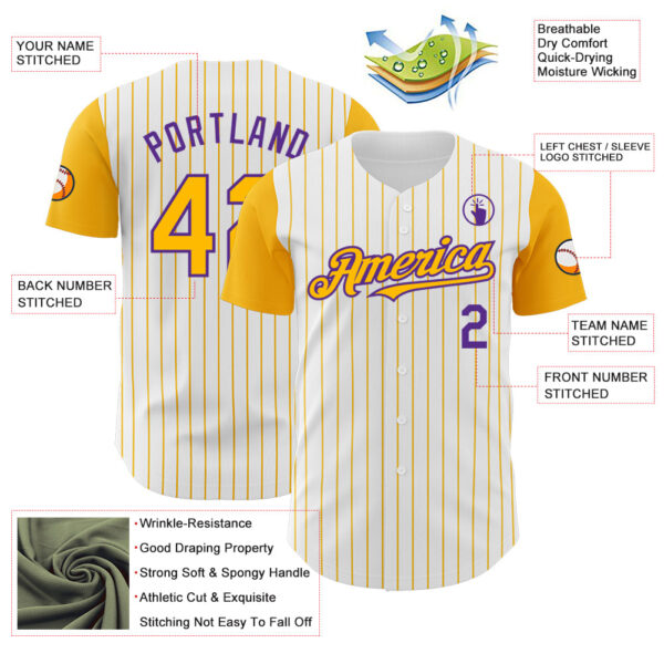 Custom White Gold Pinstripe Purple Authentic Two Tone Baseball Jersey