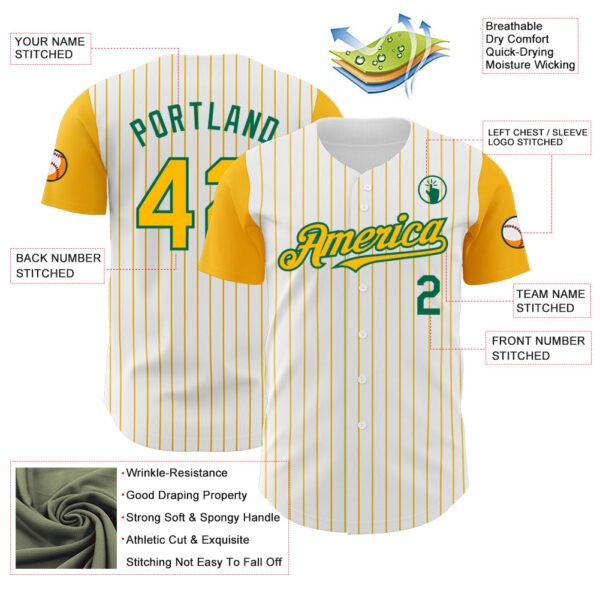 Custom White Gold Pinstripe Kelly Green Authentic Two Tone Baseball Jersey