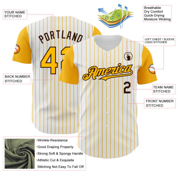 Custom White Gold Pinstripe Brown Authentic Two Tone Baseball Jersey