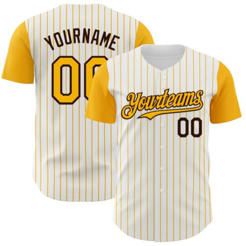 TwoTone1140 Custom White Gold Pinstripe Brown Authentic Two Tone Baseball Jersey