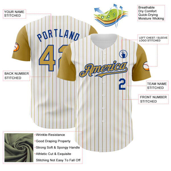 Custom White Old Gold Pinstripe Royal Authentic Two Tone Baseball Jersey