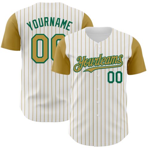 TwoTone1146 Custom White Old Gold Pinstripe Kelly Green Authentic Two Tone Baseball Jersey