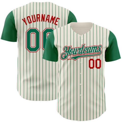 TwoTone1151 Custom Cream Kelly Green Pinstripe White-Red Authentic Two Tone Baseball Jersey