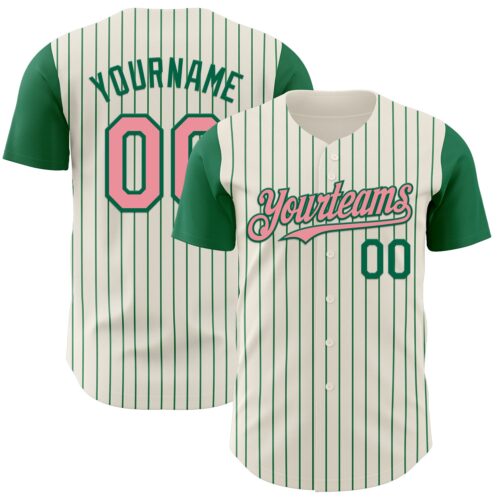 TwoTone1158 Custom Cream Kelly Green Pinstripe Medium Pink Authentic Two Tone Baseball Jersey