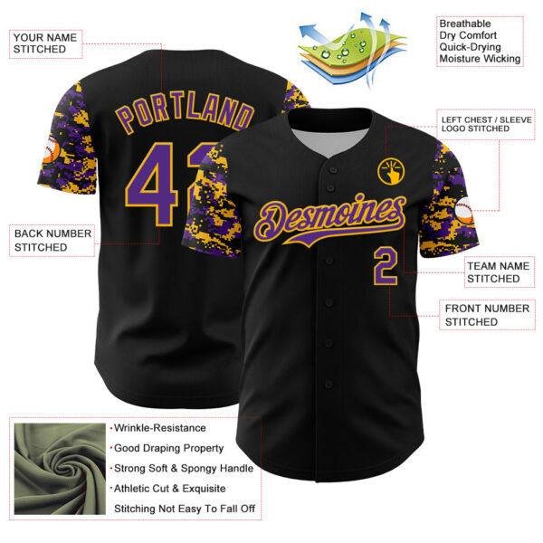 Custom Black Purple-Gold Digital Camo Two Tone Authentic Baseball Jersey