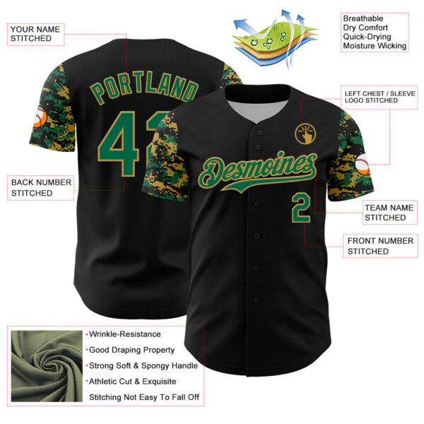 Custom Black Kelly Green-Old Gold Digital Camo Two Tone Authentic Baseball Jersey