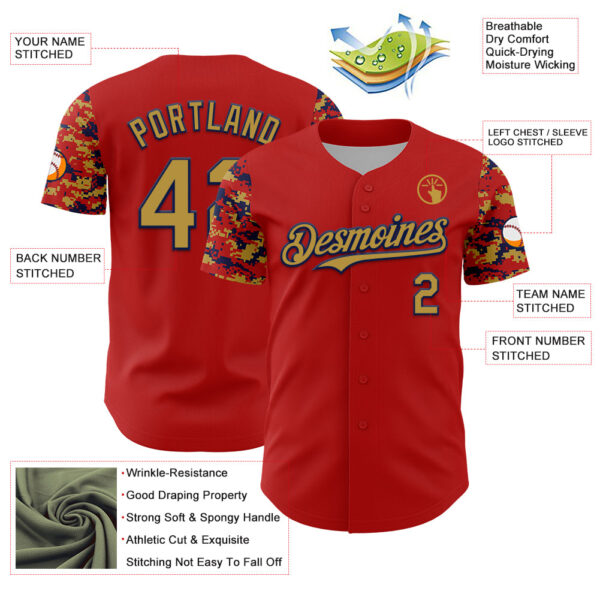 Custom Red Old Gold-Navy Digital Camo Two Tone Authentic Baseball Jersey