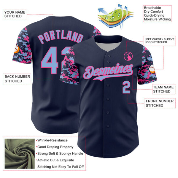 Custom Navy Light Blue-Pink Digital Camo Two Tone Authentic Baseball Jersey