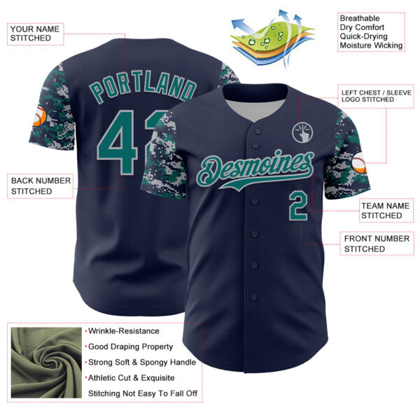 Custom Navy Teal-Gray Digital Camo Two Tone Authentic Baseball Jersey