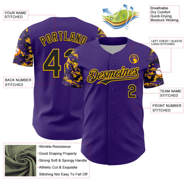 Custom Purple Black-Gold Digital Camo Two Tone Authentic Baseball Jersey