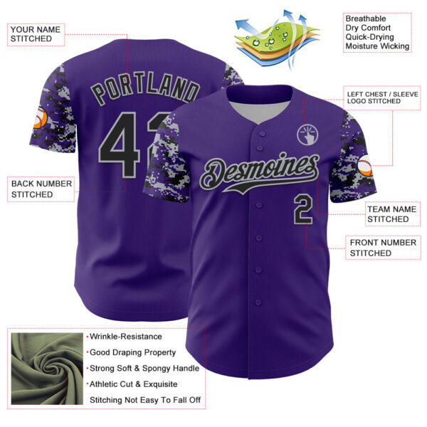 Custom Purple Black-Gray Digital Camo Two Tone Authentic Baseball Jersey