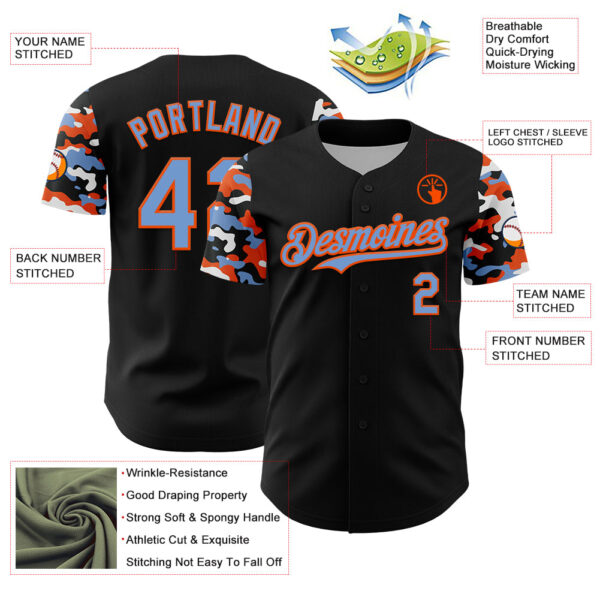 Custom Black Powder Blue Orange-White Digital Camo Two Tone Authentic Baseball Jersey
