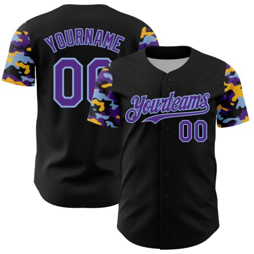 TwoTone1379 Custom Black Purple Light Blue-Gold Digital Camo Two Tone Authentic Baseball Jersey