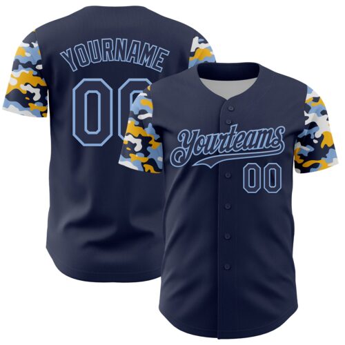 TwoTone1382 Custom Navy Light Blue Gold-White Digital Camo Two Tone Authentic Baseball Jersey