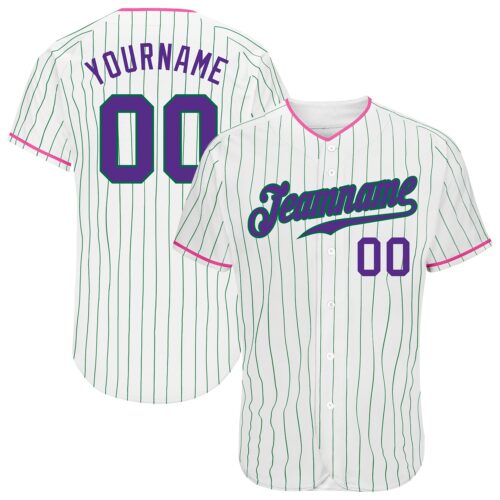 White0869 Custom White Kelly Green Pinstripe Purple-Pink Authentic Baseball Jersey