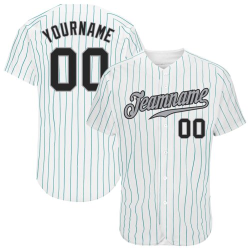 White0871 Custom White Teal Pinstripe Black-Gray Authentic Baseball Jersey