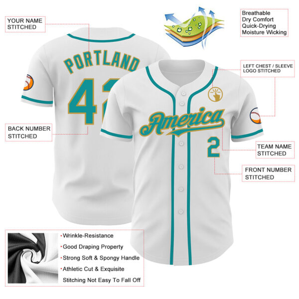 Custom White Teal-Old Gold Authentic Baseball Jersey