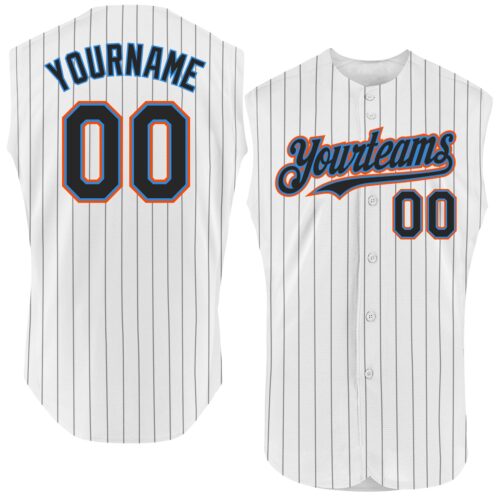 White1586 Custom White Black Pinstripe Electric Blue-Orange Authentic Sleeveless Baseball Jersey