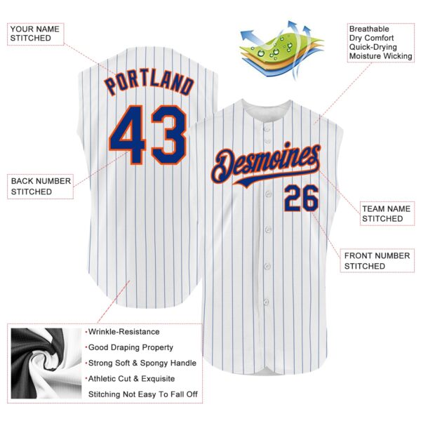Custom White Royal Pinstripe Orange Authentic Sleeveless Baseball Jersey