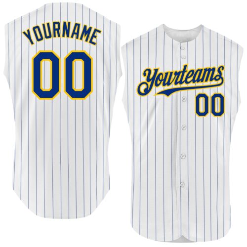 White1592 Custom White Royal Pinstripe Yellow Authentic Sleeveless Baseball Jersey