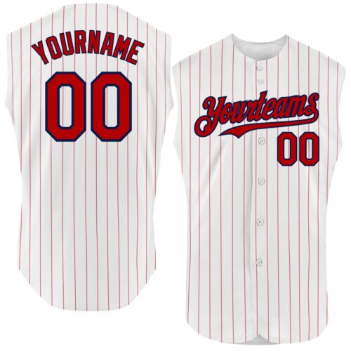 White1597 Custom White Red Pinstripe Navy Authentic Sleeveless Baseball Jersey