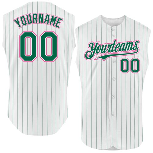 White1606 Custom White Kelly Green Pinstripe Pink Authentic Sleeveless Baseball Jersey