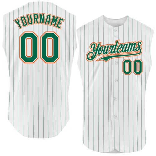 White1607 Custom White Kelly Green Pinstripe Orange Authentic Sleeveless Baseball Jersey