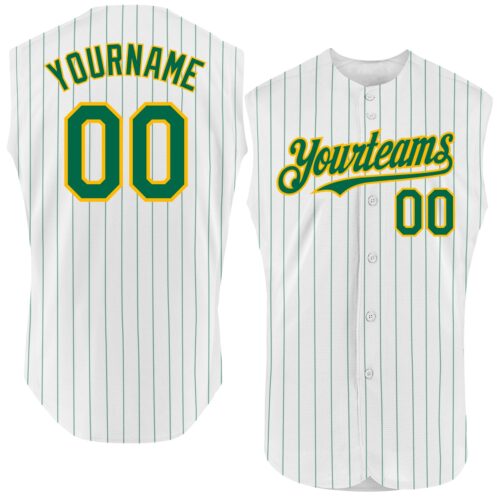 White1608 Custom White Kelly Green Pinstripe Gold Authentic Sleeveless Baseball Jersey