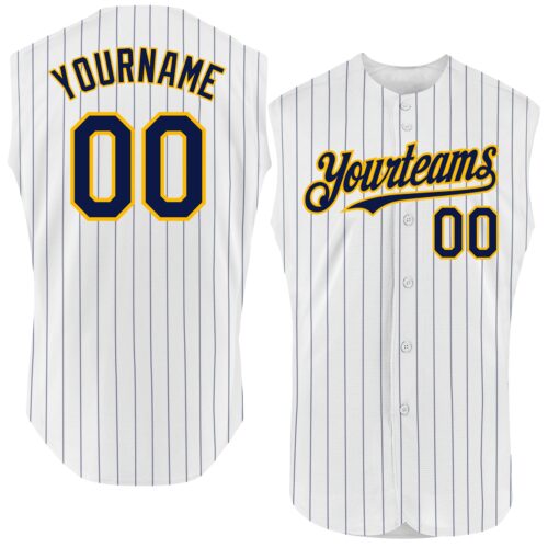 White1612 Custom White Navy Pinstripe Gold Authentic Sleeveless Baseball Jersey