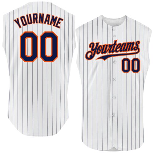White1613 Custom White Navy Pinstripe Orange Authentic Sleeveless Baseball Jersey