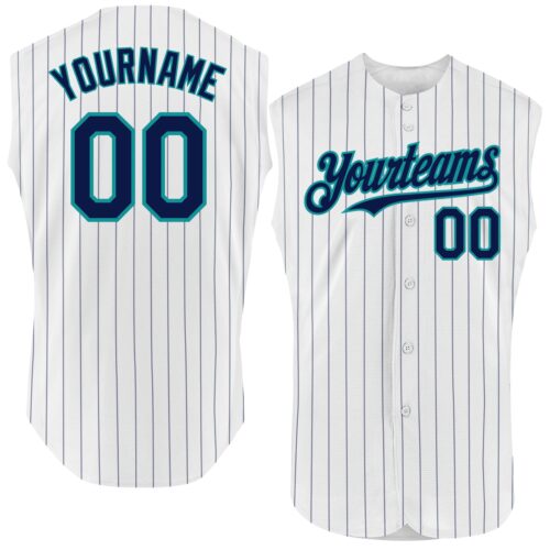 White1615 Custom White Navy Pinstripe Teal Authentic Sleeveless Baseball Jersey