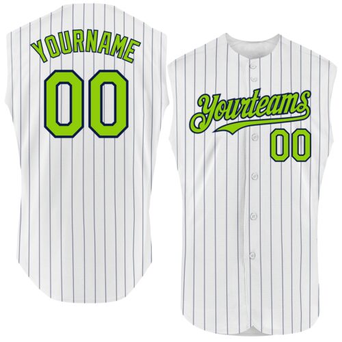 White1616 Custom White Navy Pinstripe Neon Green Authentic Sleeveless Baseball Jersey