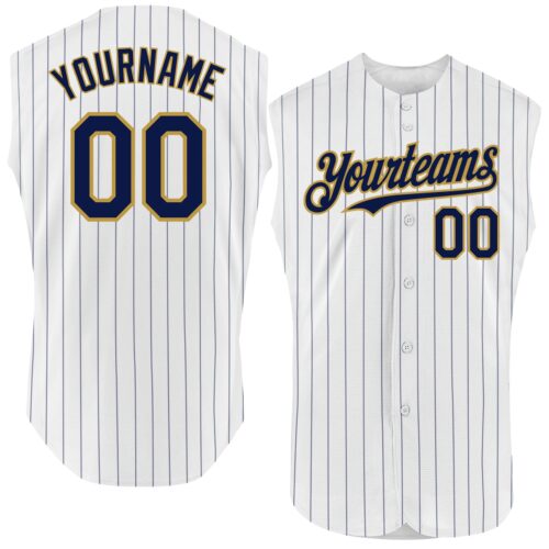 White1619 Custom White Navy Pinstripe Old Gold Authentic Sleeveless Baseball Jersey