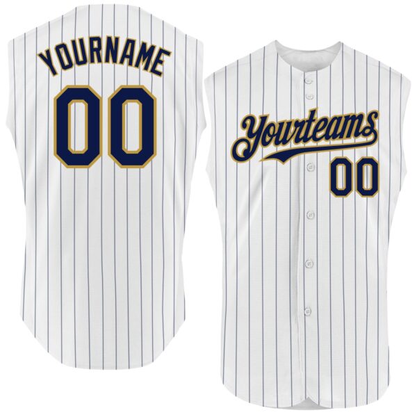Custom White Navy Pinstripe Old Gold Authentic Sleeveless Baseball Jersey